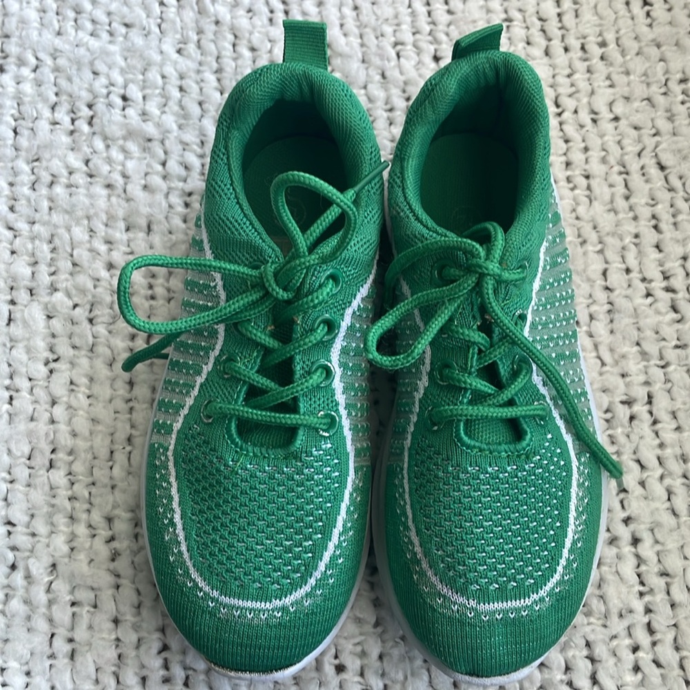 Unisex youth, size 12, green and white sneakers